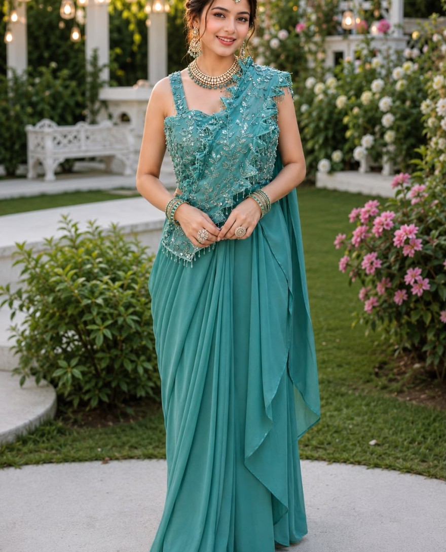 BLUE - Embroidered Work Georgette Contemporary Sari In Aqua Blue for Ceremonial